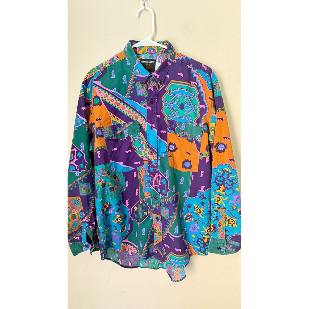 Vintage Frontier Series Bold Print Long Sleeve Button Up Shirt - Women's Large